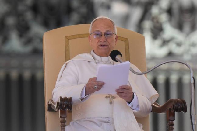 Pope Leo XIV delivers his speech during his weekly general audience in St. Peter’s Square, at the Vatican.