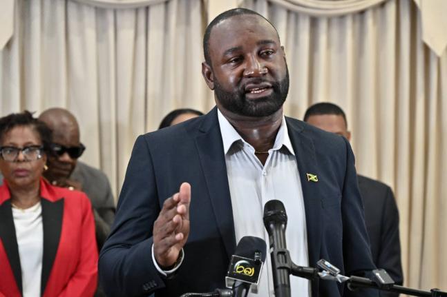 MP Dr Dayton Campbell speaking at a PNP press conference at the Office of the Leader of the Opposition on Tuesday, April 14, 2026.