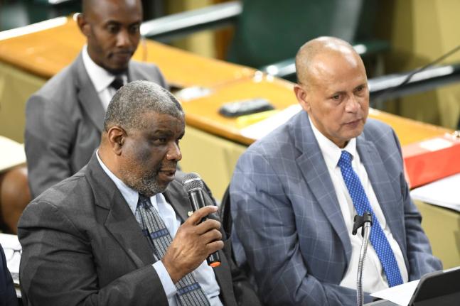 Errol Greene (left), permanent secretary in the Ministry of Health and Wellness, and Eric Hosin (right), acting chief executive officer at the University Hospital of the West Indies, during a sitting of Parliament’s Public Accounts Committee held on Apri