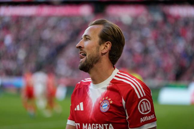 Bayern's Harry Kane reacts during a Bundesliga football match between Bayern and Stuttgart in Munich, Germany, Sunday, April 19, 2026. (AP Photo/Matthias Schrader)