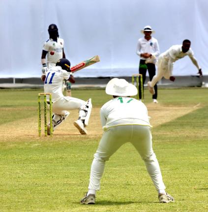Barbados Pride captain Kraigg Brathwaite evades a sharp bouncer from Jamaica Scorpions fast bowler Ojay Shields on day two of their West Indies Championship match at Sabina Park yesterday.