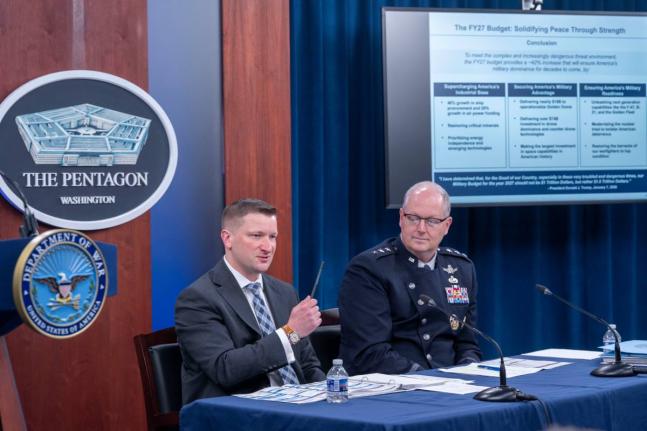 Acting Under Secretary of Defence and Comptroller, Jules Hurst III (left) and Director of Force Structure, Resources and Assessment of the Joint Chief of Staff Space Force Lieutenant General Steven Whitney, talk with members of the media during a briefing 