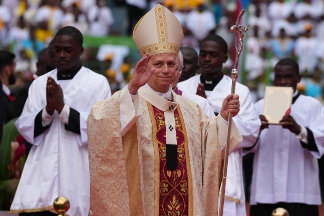 Pope Leo XIV arrives to celebrate the Holy mass at the Malabo stadium, in Malabo, Equatorial Guinea.