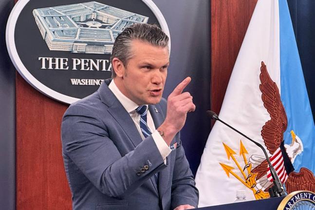 Defence Secretary Pete Hegseth speaks to members of the media during a press briefing at the Pentagon in Washington, Thursday, April 16, 2026. (AP Photo/Kevin Wolf)