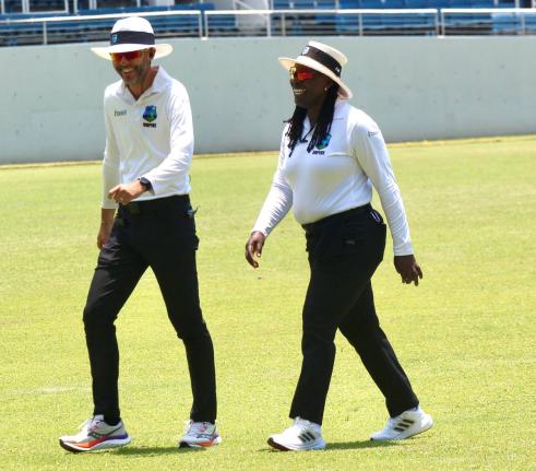  Jamaican umpires Christopher Taylor (left) and Jacqueline Williams officiated the West Indies Championship match between the Jamaican Scorpions and the Barbados Pride at Sabina Park on Tuesday.
