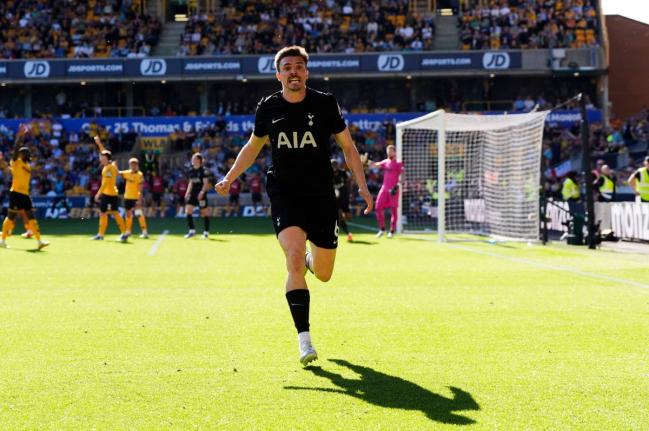Tottenham Hotspur's Joao Palhinha celebrates scoring during the English Premier League football match between Wolverhampton Wanderers and Tottenham Hotspur in Wolverhampton, England on April 25, 2026. (Nick Potts/PA via AP)