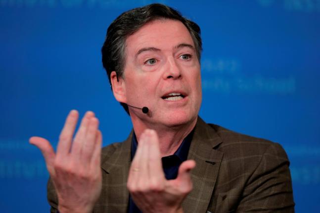 Former Director of the Federal Bureau of Investigation James Comey at Harvard University's Institute of Politics' JFK Jr. Forum in Cambridge, Mass., February 24, 2020. (AP Photo/Charles Krupa, File)