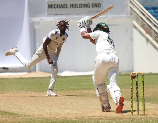 Jamaica Scorpions batsman Brandon King flicks a delivery from Shamar Springer of Barbados Pride during their West Indies Championship match at Sabina Park yesterday. King made 63 in Jamaica Scorpions’ second innings.