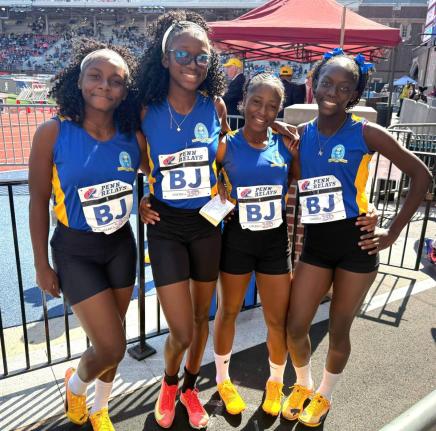 From left: Penwood High School’s 4x100-metre quartet Rebecca Nugent, Shakeya Reid, Shaera Thorpe, and Natalia Moore inside the Franklin Field stadium in Pennsylvania.