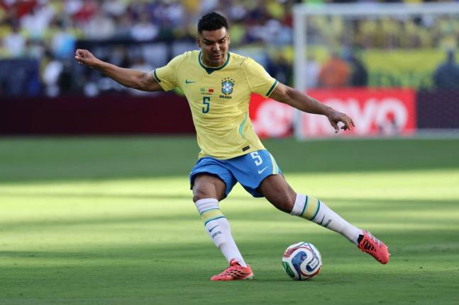 Brazil’s Casemiro kicks the ball in the first half of a World Cup Group C football match against Morocco in East Rutherford, New Jersey, near New York, Saturday, June 13.