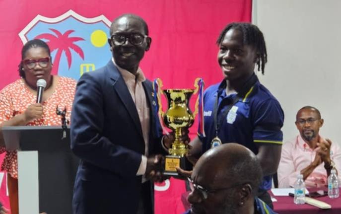 Barbados captain Gadson Bowens (right) took home the award for Most Runs in the just concluded CWI Rising Stars Under-19 Men’s 50-over Championship.
