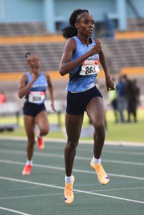 Kevongaye Fowler wins heat 2 of the Under-20 girls 400 metres at the World Under-20 and CAC Games Departure Meet at the National Stadium on Saturday.