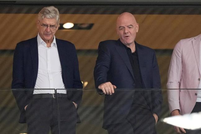 FIFA president Gianni Infantino (right) and Arsene Wenger, Chief Officer (FIFA) and former football coach arrive for the Women’s Euro 2025 quarterfinals football match between Sweden and England at Stadion Letzigrund in Zurich, Switzerland, Thursday, Jul