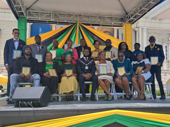 Montego Bay Mayor Richard Vernon (centre, seated) in a group photo with the recipients of this year’s Spirit of Independence Awards and Mayor’s Special Awards from within St James, during the annual Independence and Flag Raising Ceremony at Sam Sharpe 
