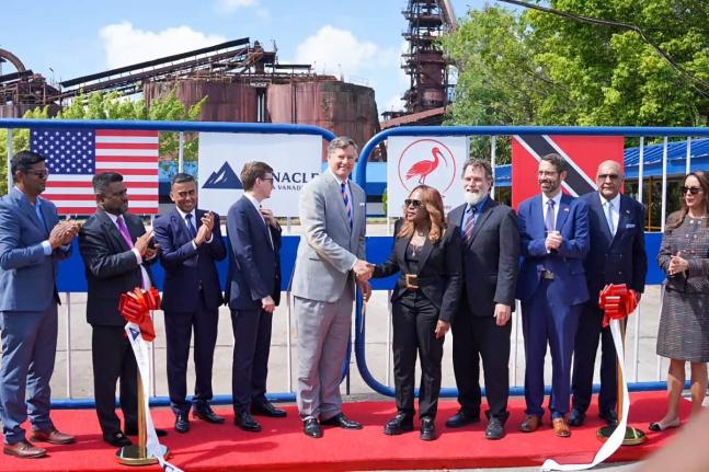 US Deputy Secretary of State Christopher Landau greets Works and Infrastructure Minister Jearlean John at the opening of Ibis Steel Company at Point Lisas, Trinidad, on the site of the former ArcelorMittal steel plant.