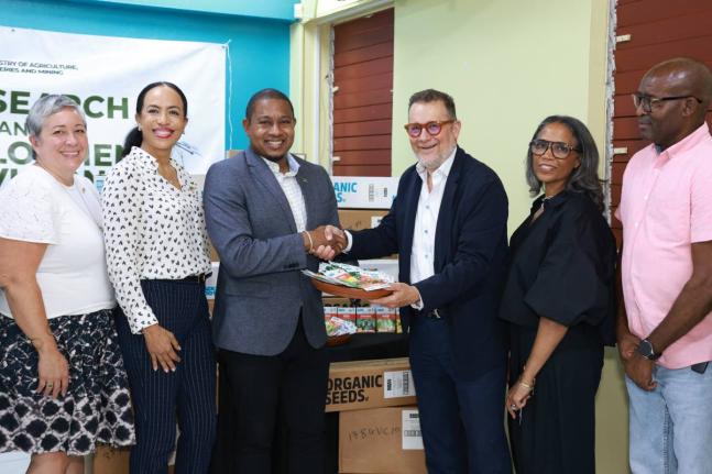 Representatives from the American Friends of Jamaica (AFJ), the Ministry of Agriculture, Fisheries and Mining, and RADA gathered following the symbolic handover of 247,517 packets of organic seeds (valued at US$750,000) at Bodles Research Station to suppor