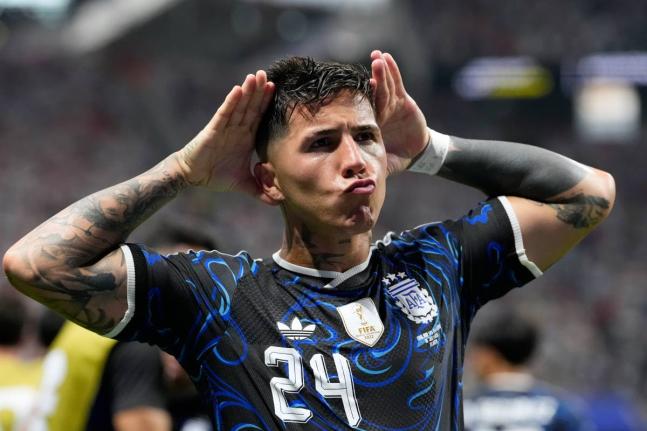 
Argentina’s Enzo Fernandez gestures to fans after scoring his side’s first goal during the World Cup semi-final football match against England in Atlanta on Wednesday, July 15.