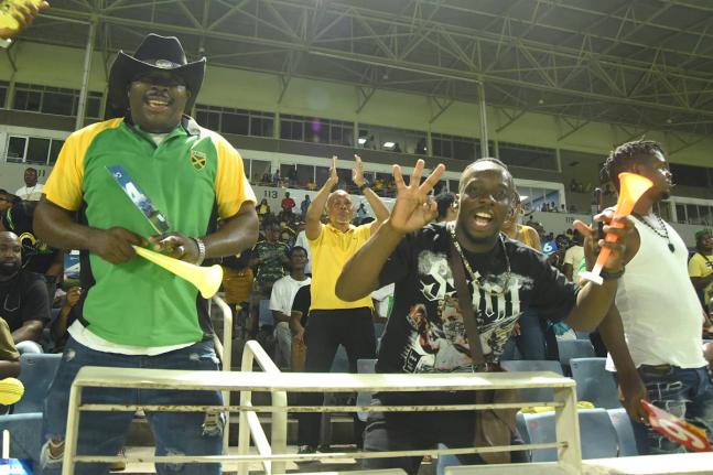 George Headley stand at Sabina Park erupt with celebrations after the Jamaica Kingsmen defeated the Trinibago Knight Riders to win their first match in the Republic Bank Caribbean Premier League on Saturday.