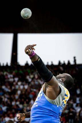 Rajindra Campbell of Jamaica competes in the men’s shot put competition during the World Athletics Diamond League meeting in Zurich, Switzerland, on Thursday, August 27.