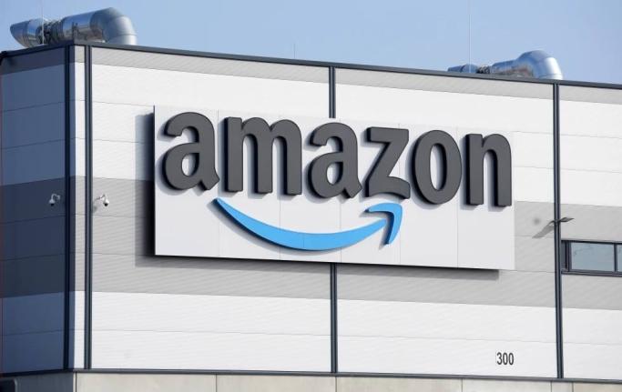 An Amazon company logo on  the facade of a building  in Schoenefeld, near Berlin, Germany, in March 2022. 