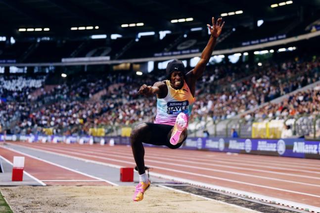 Jamaica’s Tajay Gayle in action in the men’s long jump in Brussels last Friday. Gayle won the event with a season’s best 8.46 metres.