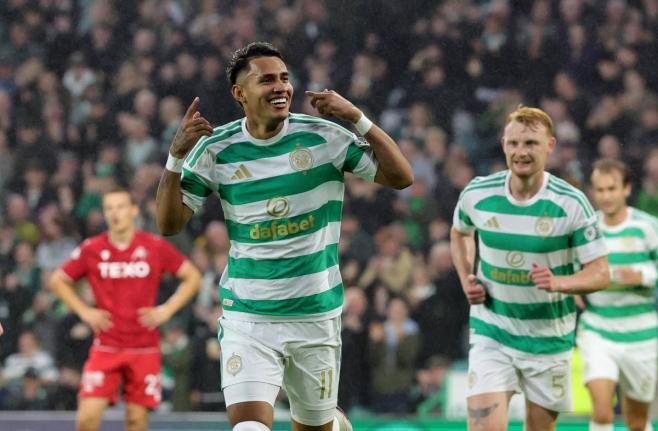 Celtic’s Camilo Duran, front, celebrates scoring their first goal against Aberdeen during a Scottish Premiership match, Wednesday September 2, 2026, in Glasgow, Scotland.  