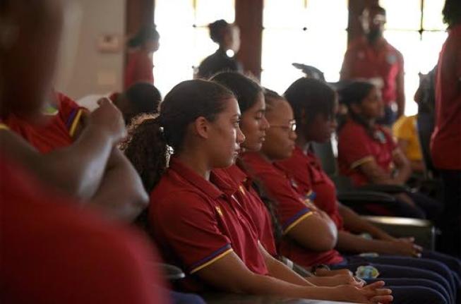 
Young cricketers pay attention during a presentation at the Cricket West Indies High-Performance Centre in Antigua recently. 