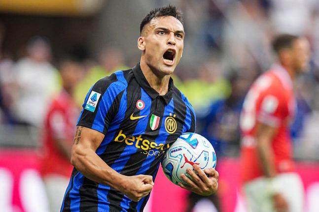 
Inter’s Lautaro Martinez celebrates after scoring his team’s first goal during the Serie A football match between Inter and Napoli at the San Siro Stadium in Milan, Italy, yesterday. 