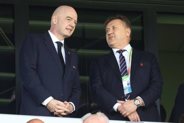 
FIFA President Gianni Infantino, left, and President of Polish Football Association Cezary Kulesza attend the opening game of the Women’s U20 World Cup opening match between Poland and Argentina in Katowice, Poland, yesterday.