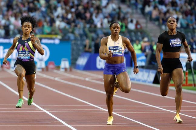 From left: Sha’Carri Richardson of the United States, Jamaica’s Tina Clayton and Jonielle Smith compete during the women’s 100-metre final at the Wanda Diamond League Final meeting in Brussels, Belgium on Saturday. Clayton won in 10.93 seconds.