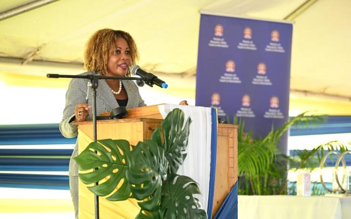 Minister of Education, Skills, Youth and Information, Senator Dr. the Dana Morris Dixon, delivers the keynote address at the official launch ceremony of Hydel Cumberland High School yesterday at the Cumberland campus in Portmore, St Catherine.
