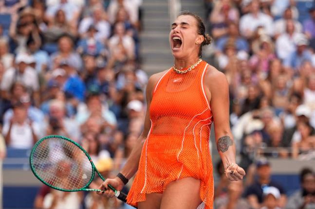 Aryna Sabalenka, of Belarus, celebrates winning a match against Linda Noskova, of the Czech Republic, during the quarterfinal round of the US Open tennis championships yesterday.