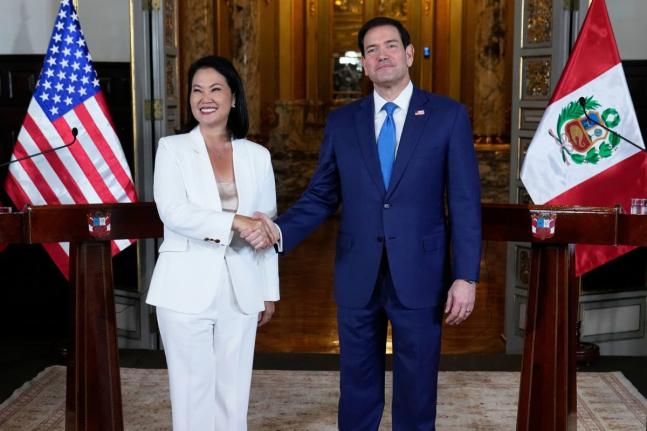 US Secretary of State Marco Rubio (right) and Peruvian President Keiko Fujimori shake hands after a joint news conference at the presidential palace in Lima, Peru, on Thursday. - AP photo