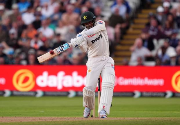 Pakistan’s Razaullah hits a six on day three of the third cricket Test between England and Pakistan in Birmingham, England yesterday.