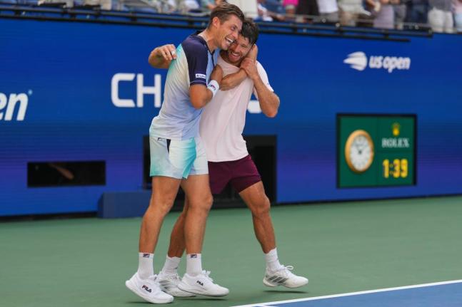 
Neal Skupski, of Britain (left) celebrates with Christian Harrison, of the United States after winning the men’s doubles final of the US Open tennis championships Kevin Krawietz, of Germany, and Tim Puetz, of Germany, yesterday.