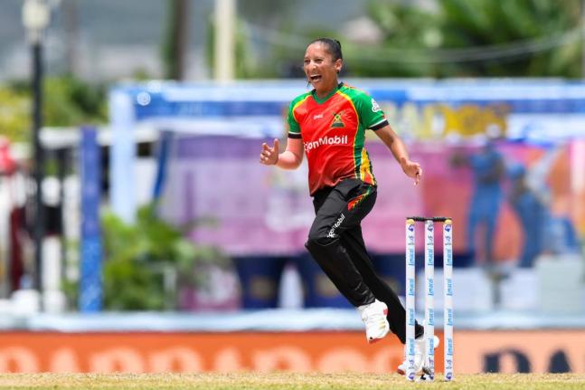
Guyana Amazon Warriors Women Shabnim Ismail celebrates a wicket during a Limacol Women’s Caribbean Premier League game at the Kensington Oval yesterday.