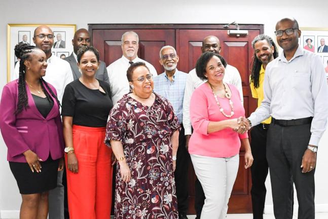 Shipping Association of Jamaica President Corah Ann Robertson-Sylvester (second from right), and members of the SAJ Managing Committee officially welcome Clayton Charles (front right), the new General Manager of CMA CGM Jamaica.