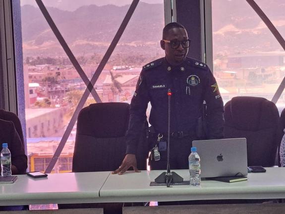 Senior Superintendent of Police Eron Samuels, commanding officer for the St James Police Division, addressing the monthly meeting of the St James Municipal Corporation last Thursday.