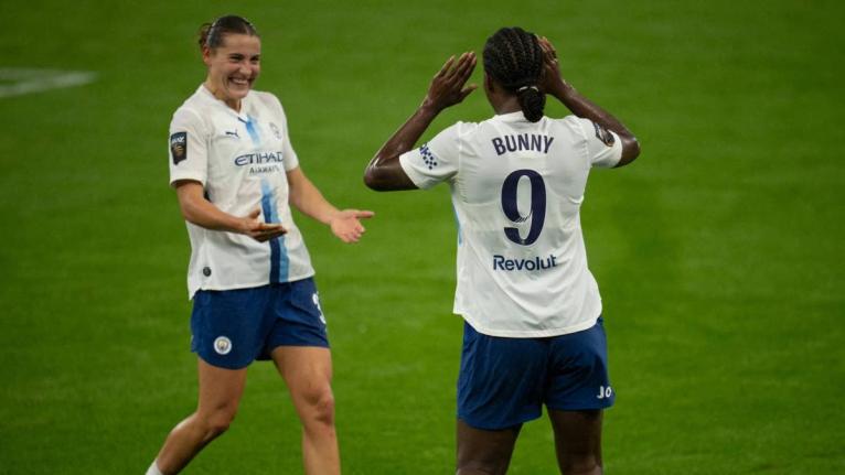 Manchester City’s Khadija Shaw (right) celebrates scoring a goal with Lauren Hemp during a Women’s Super League game against Aston Villa at Villa Park in Birmingham, England on Sunday. 