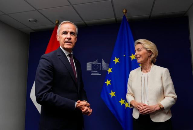 Canadian Prime Minister Mark Carney (left) and European Commission President Ursula von der Leyen participate in a bilateral meeting at the European Parliament in Strasbourg, France, Wednesday.