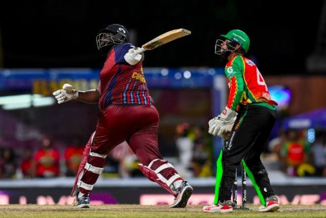 Rahkeem Cornwall of the Antigua and Barbuda Falcons on the go during the  Caribbean Premier League match on Thursday night in Barbados.