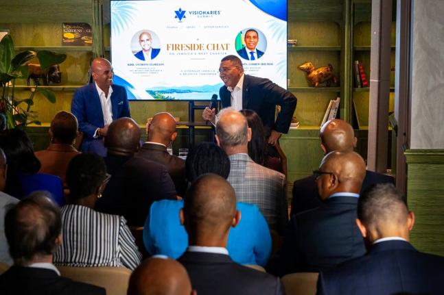 Kirk-Anthony Hamilton, founder of the Infiniti Partnership Inc. and The Visionaries’ Summit, in conversation with Prime Minister Dr Andrew Holness. 