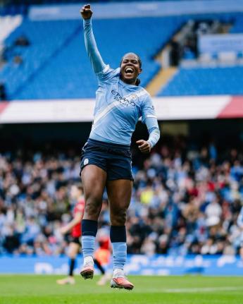 Manchester City’s Khadija Shaw celebrates scoring a goal