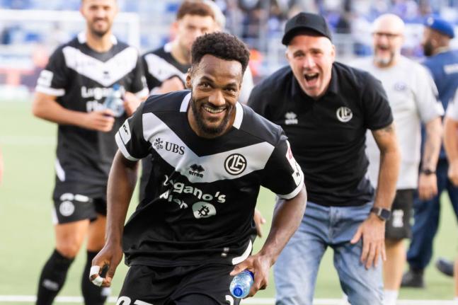 Lugano’s Hannes Delcroix celebrates after scoring during the Swiss Super League football match against Lausanne-Sport yesterday, in Lausanne, Switzerland. 