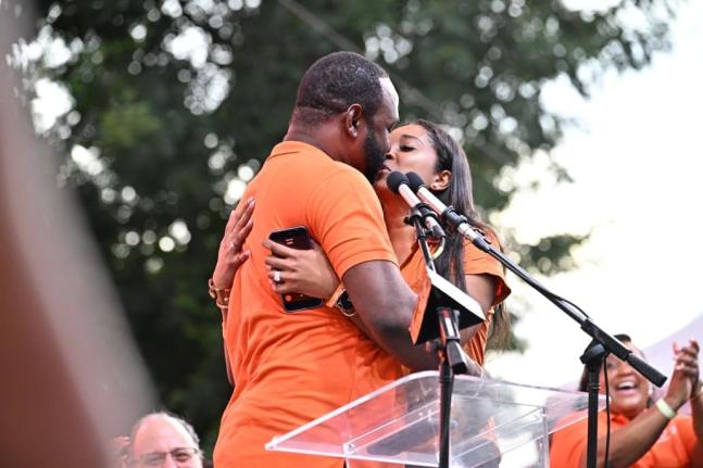 People’s National Party General Secretary Dr Dayton Campbell kisses his wife, Shaydia Campbell, to loud cheers during the party’s Annual Conference in Westmoreland on Sunday.