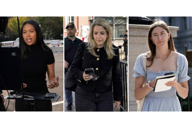 This combination of photos shows (from left) MS NOW White House reporter Akayla Gardne, CNN Senior White House Reporter Betsy Klein and Politico White House reporter Cheyenne Haslett near the White House complex in Washington after all were denied entry to