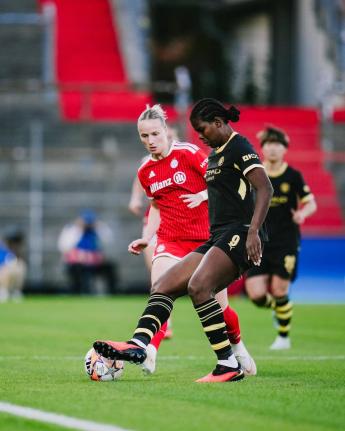 Manchester City striker Khadija Shaw controls a ball during a Champions League game against Bayern Munich at the at Uhlsport Park yesterday.