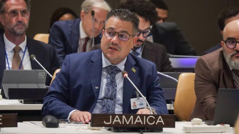 Matthew Samuda, Jamaica’s Minister of Water, Environment and Climate Change, addressing the United Nations’ Solutions Dialogue on Ocean Action and Leadership summit at UN Headquarters in New York on Tuesday. – Contributed photo
