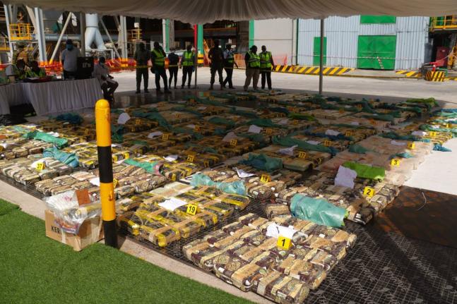 Packs of methamphetamine seized by Kenyan authorities are displayed before destruction in Bamburi Cement Factory, Mombasa, Kenya, on Thursday. - AP photo