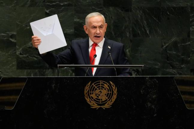 Israeli Prime Minister Benjamin Netanyahu holds up a Starlink satellite internet dish as he speaks during the 81st session of the United Nations General Assembly on Thursday.